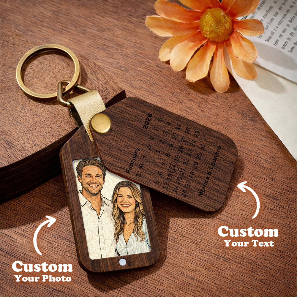 Personalized Wooden Cartoon Style Photo Keychain Customized Date Gift for Couple