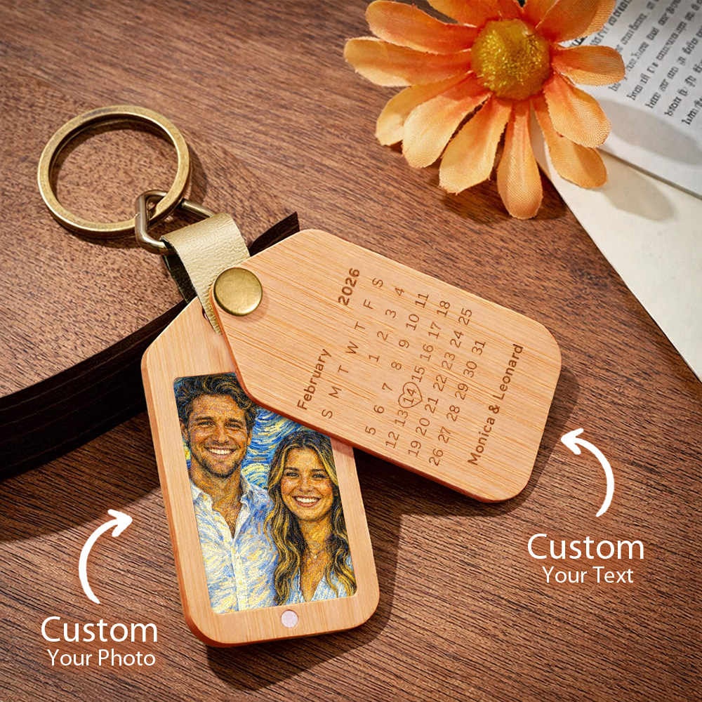 Personalized Wooden Cartoon Style Photo Keychain Customized Date Gift for Couple