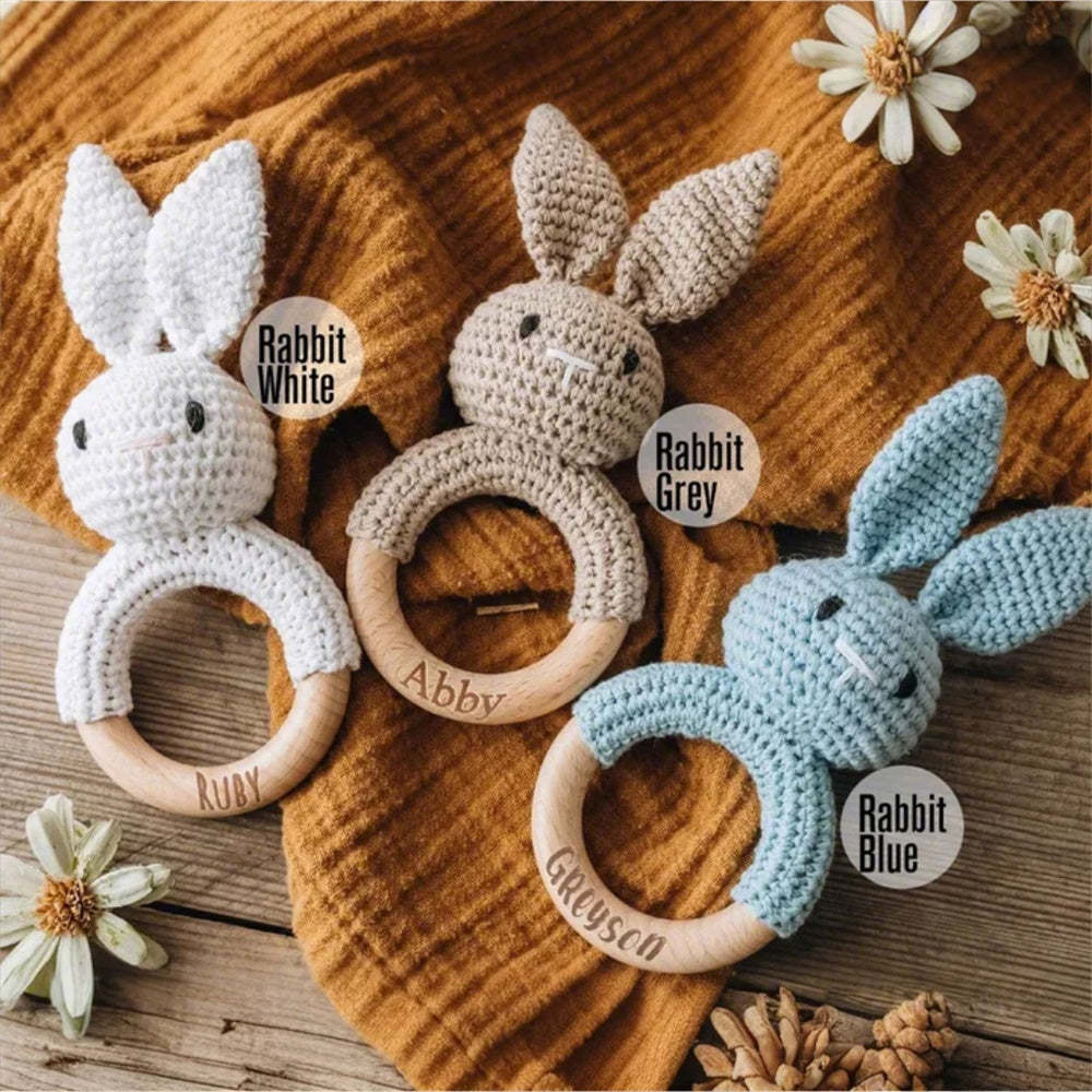 Personalized Animal Baby Rattle Baby Shower Gifts Custom Wooden Baby Rattle Crochet Rattle Toy Newborn Gifts Gift for Nephew Niece	 - FaceSocksUSA