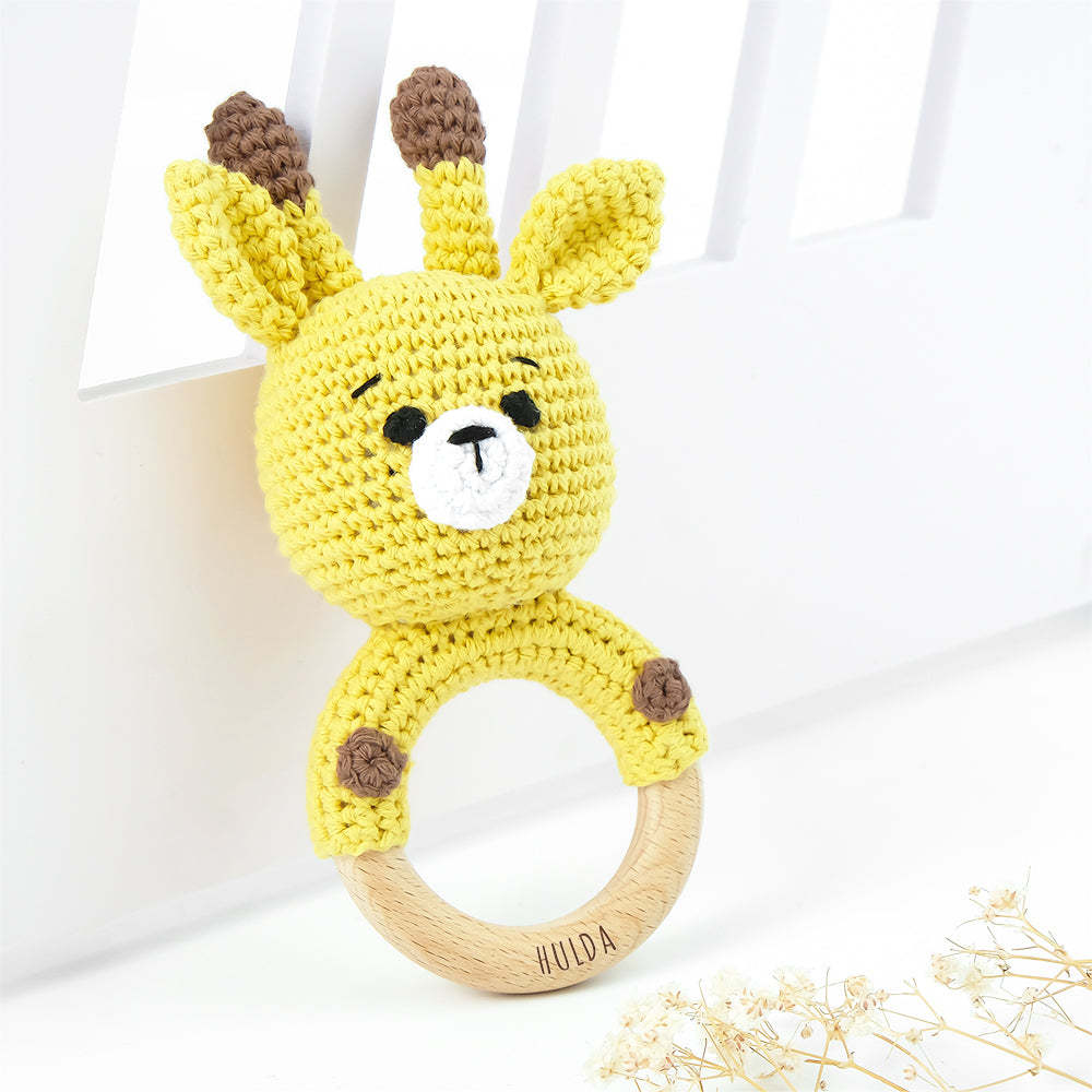 Personalized Animal Baby Rattle Baby Shower Gifts Custom Wooden Baby Rattle Crochet Rattle Toy Newborn Gifts Gift for Nephew Niece	 - FaceSocksUSA
