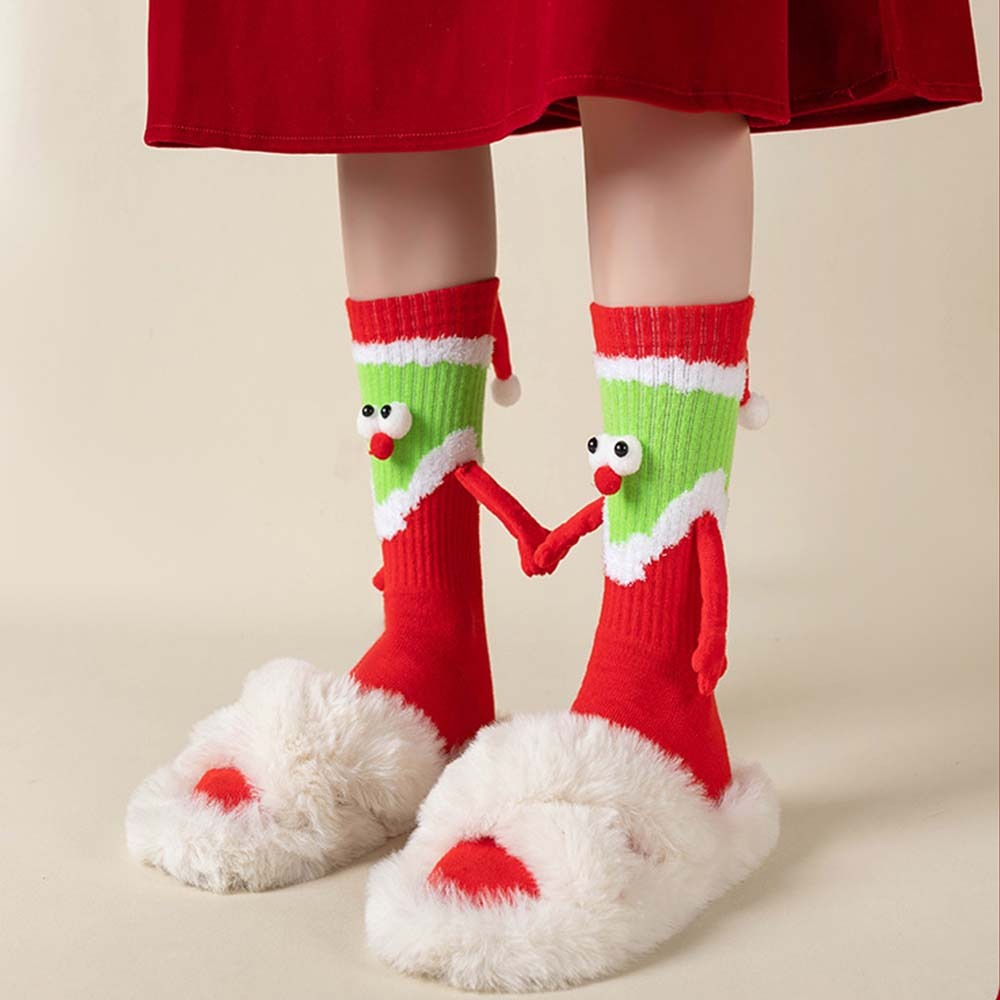 Funny Santa Claus Doll Women's Mid Tube Socks Magnetic Holding Hands Socks Christmas Gifts - FaceSocksUSA