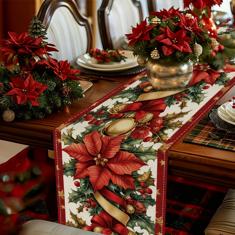 TABLE RUNNER-Christmas Table Runner Woven Polyester, Festive Holiday Dining Decor, Perfect for Season Celebrations