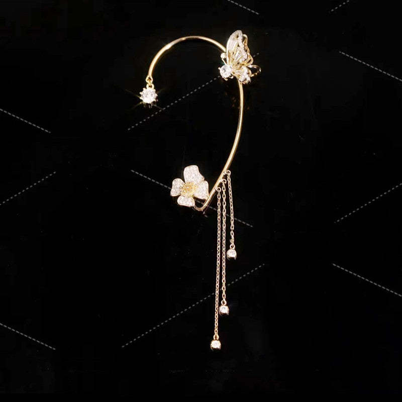 Valentine's Day Butterfly Tassel Flower Earrings Fashion butterfly Zirconia Ear Clip - FaceSocksUSA