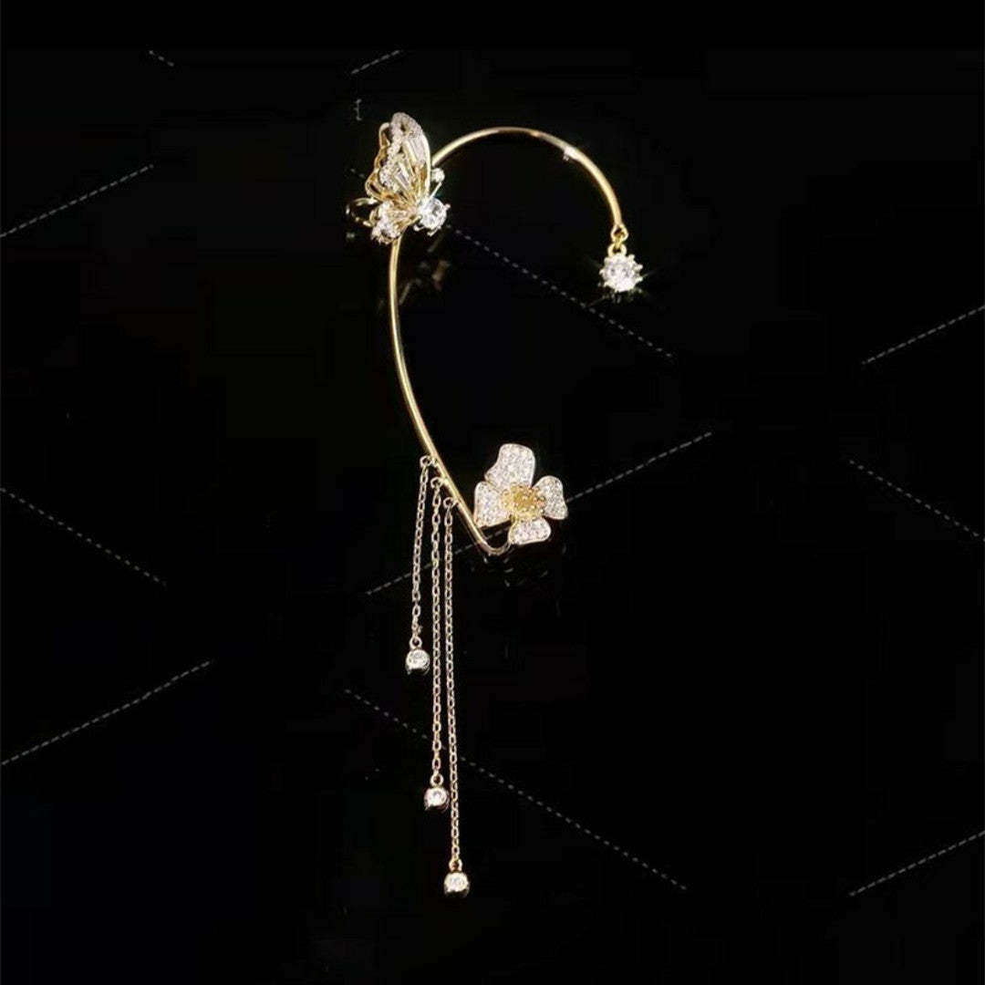 Valentine's Day Butterfly Tassel Flower Earrings Fashion butterfly Zirconia Ear Clip - FaceSocksUSA