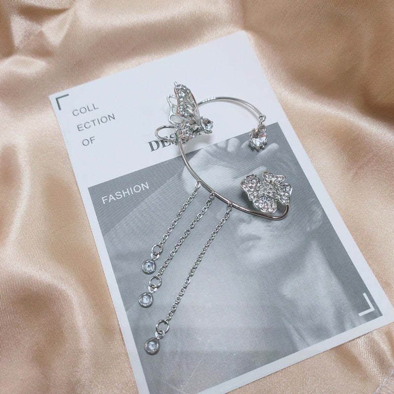 Valentine's Day Butterfly Tassel Flower Earrings Fashion butterfly Zirconia Ear Clip - FaceSocksUSA