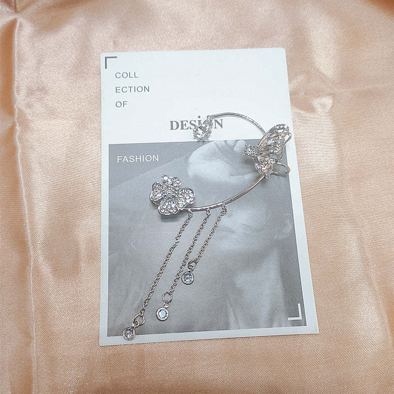 Valentine's Day Butterfly Tassel Flower Earrings Fashion butterfly Zirconia Ear Clip - FaceSocksUSA