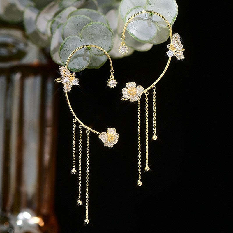 Valentine's Day Butterfly Tassel Flower Earrings Fashion butterfly Zirconia Ear Clip - FaceSocksUSA