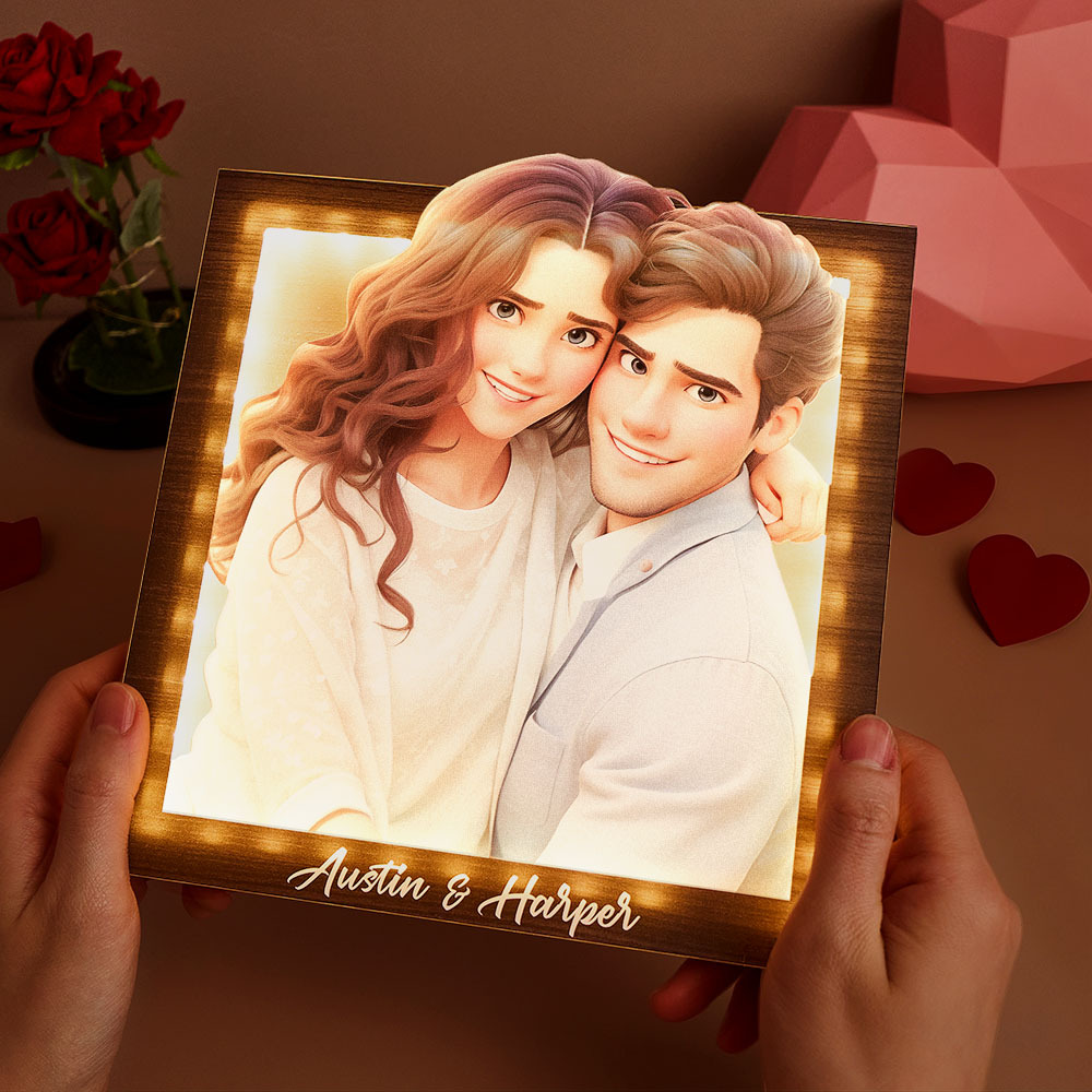 Custom cartoon couple photo square warm light photo frame lamp Valentine's Day gift for couples