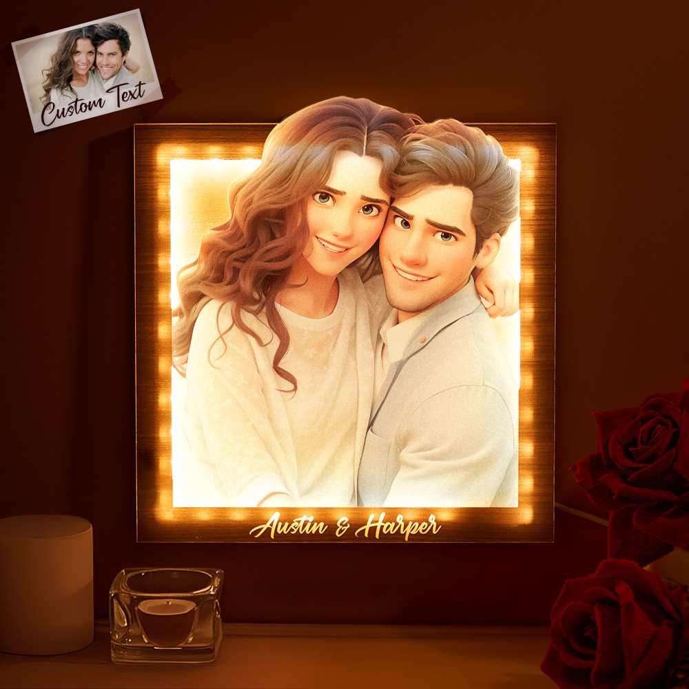Custom cartoon couple photo square warm light photo frame lamp Valentine's Day gift for couples