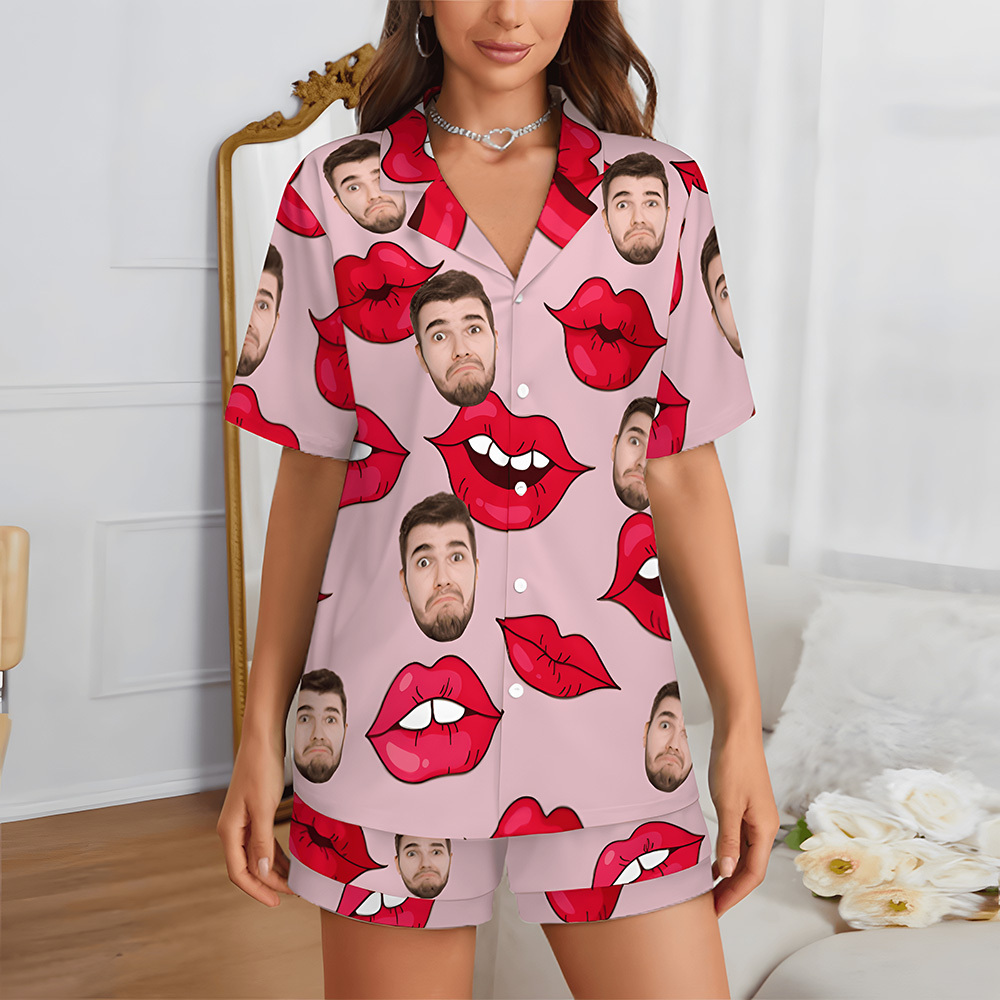 Custom Short Sleeve Pajama Bright Pink Base with 3D Red Hearts and Lips Prints Valentine's Day Gift for Her