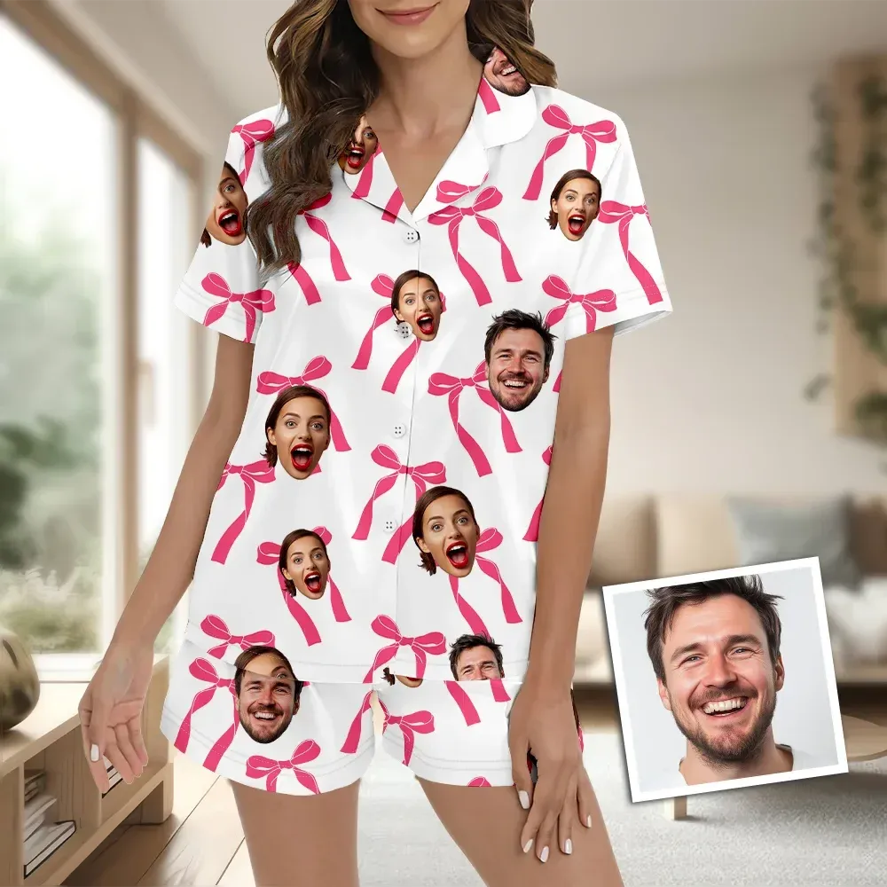Custom Face Short Sleeve Pajamas Custom Bow Couple Gift Photo Pajamas Suit - FaceSocksUSA