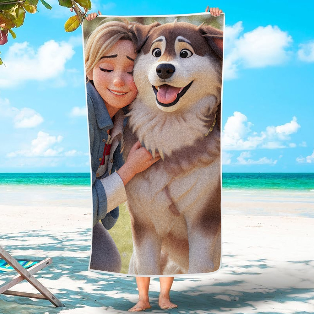 Custom Couple Photo 3D Cartoon Portrait Gift Photo Beach Towel	 - FaceSocksUSA