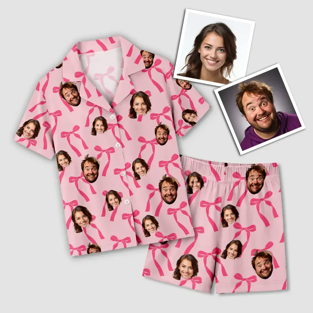 Custom Face Short Sleeve Pajamas Custom Bow Couple Gift Photo Pajamas Suit - FaceSocksUSA