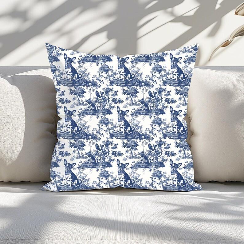 Chihuahua Toile De Jouy Pillow Navy Blue and Cream French Toile Dog Pillow Throw Cushion Gift for Chihuahua Mom, INCLUDES INSERT, Farmhouse Decor