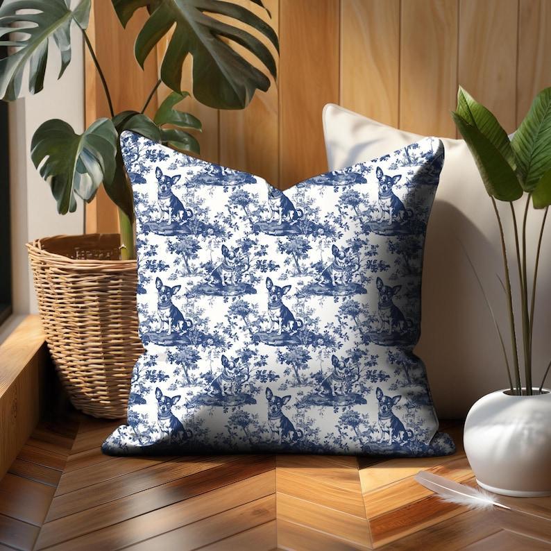 Chihuahua Toile De Jouy Pillow Navy Blue and Cream French Toile Dog Pillow Throw Cushion Gift for Chihuahua Mom, INCLUDES INSERT, Farmhouse Decor
