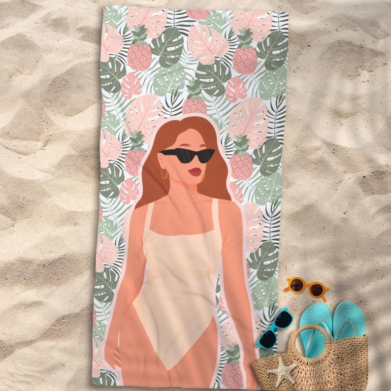 Personalized Photo Retro Beach Towel, Vintage Style Poolside Accessory, Summer Must-Have, Vacation Towel, Tropical Leaves,  Auburn Red Head or Brunette Hair