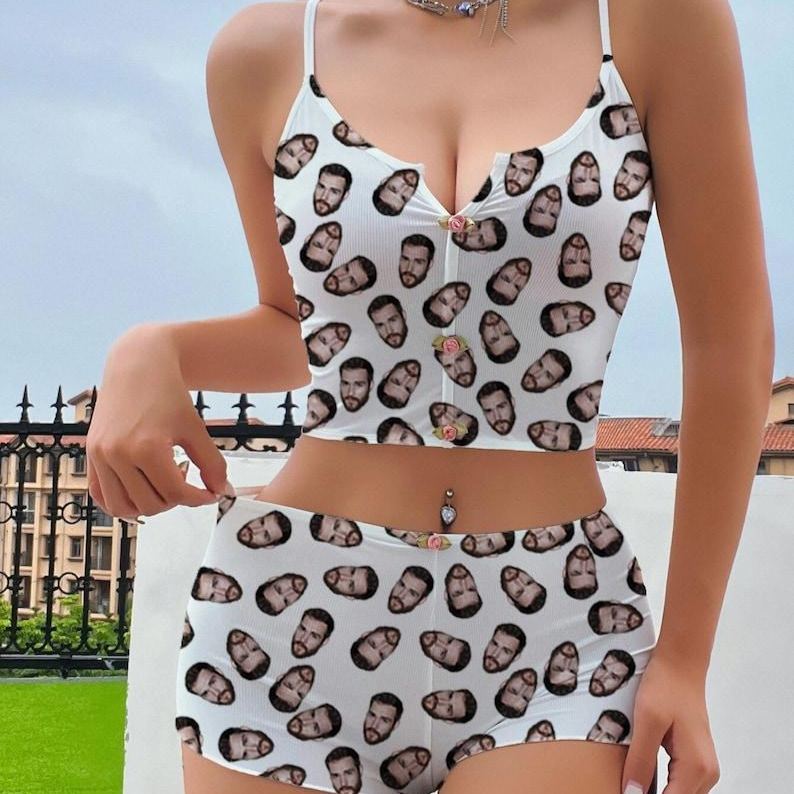 Photo Custom Appliques Notched Neckline Lingerie Set, gift, bachelorette party