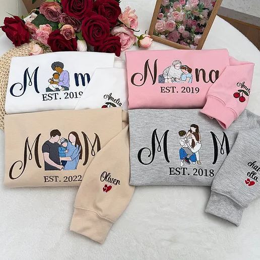 Custom Embroidered Mum Sweatshirt with Mum Kids Portrait - FaceSocksUSA