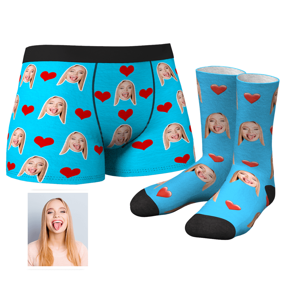 Men's Custom Heart Boxer Shorts And Crew Socks Set	 - FaceSocksUSA