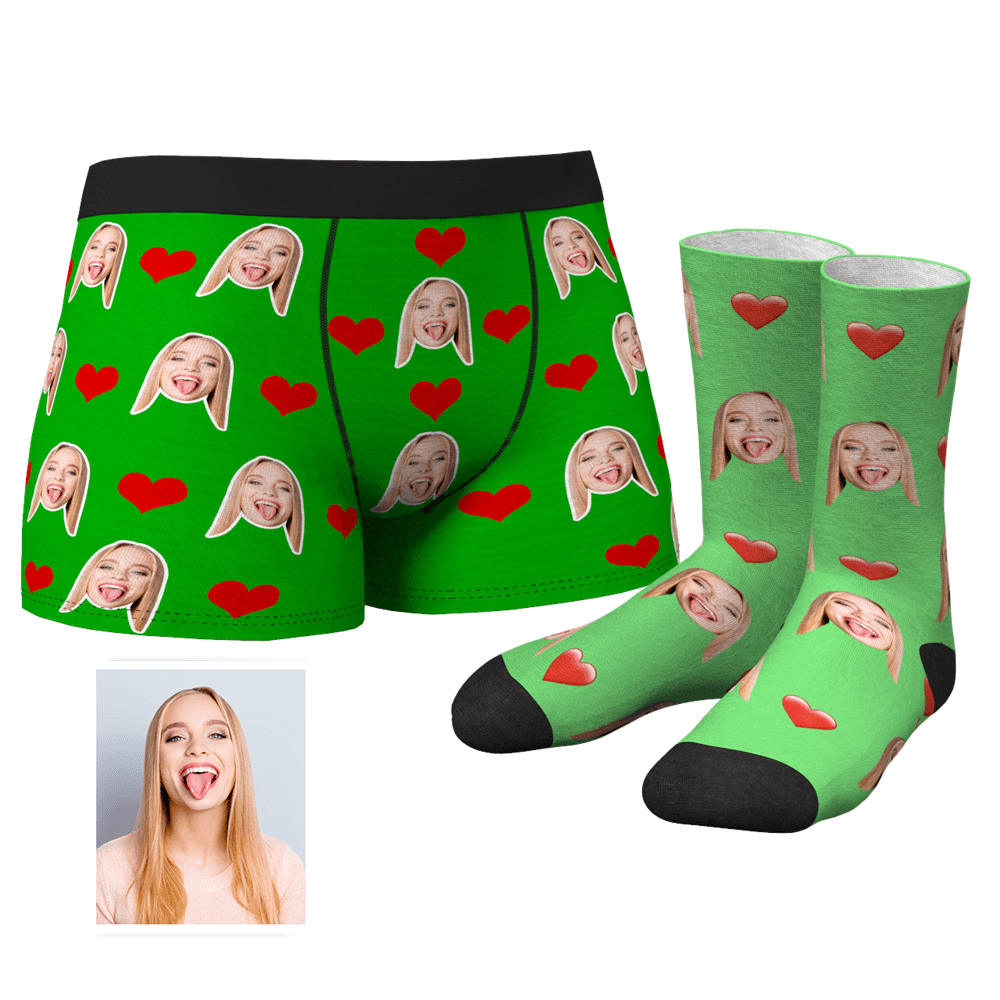 Men's Custom Heart Boxer Shorts And Crew Socks Set	 - FaceSocksUSA