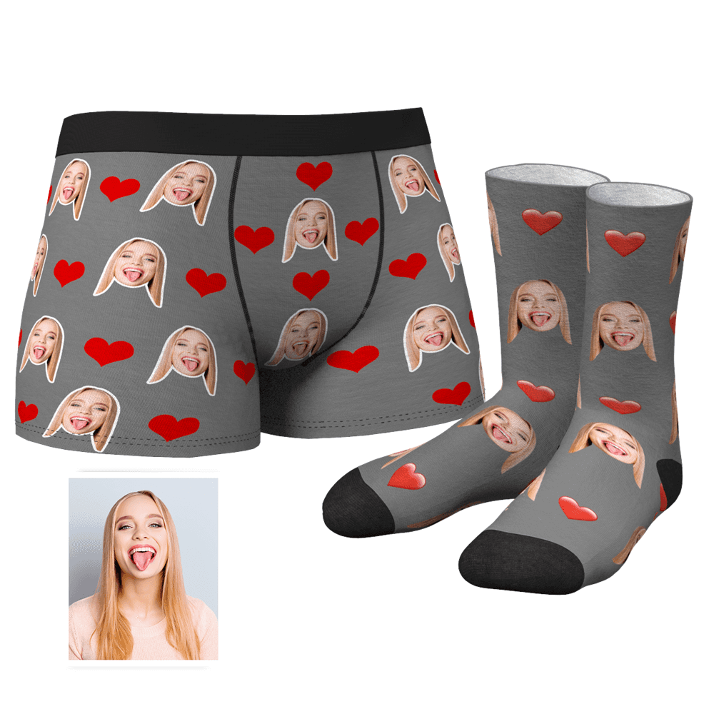 Men's Custom Heart Boxer Shorts And Crew Socks Set	 - FaceSocksUSA