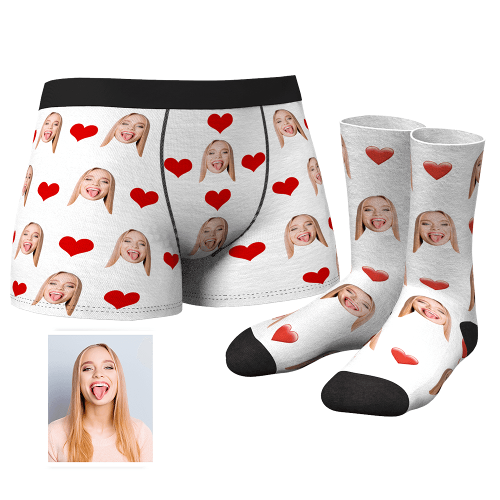 Men's Custom Heart Boxer Shorts And Crew Socks Set	 - FaceSocksUSA