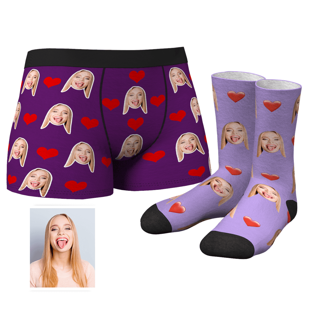 Men's Custom Heart Boxer Shorts And Crew Socks Set	 - FaceSocksUSA
