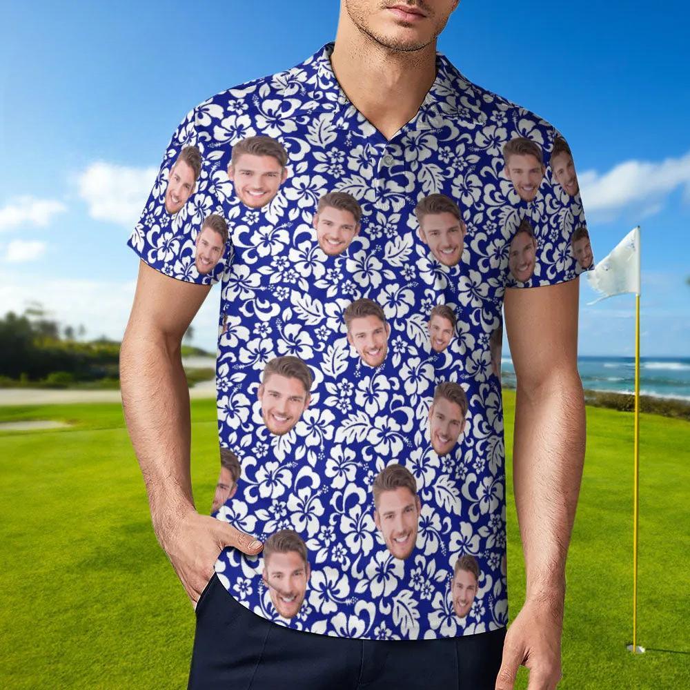 Custom Face Polo Shirt For Men Personalized Blue Hawaiian Golf Shirts