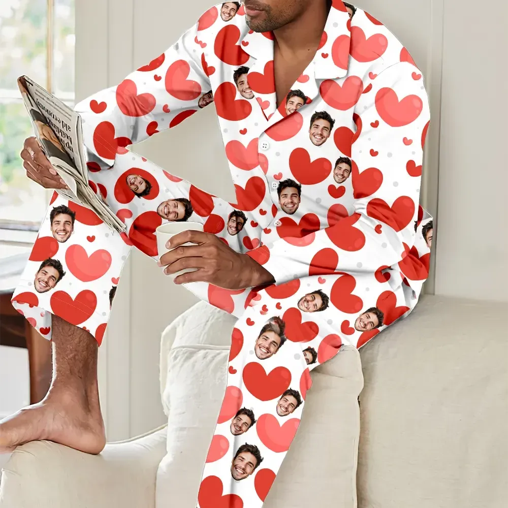 Custom Face Long Sleeve Pajamas Red Heart Couple Pajamas - FaceSocksUSA