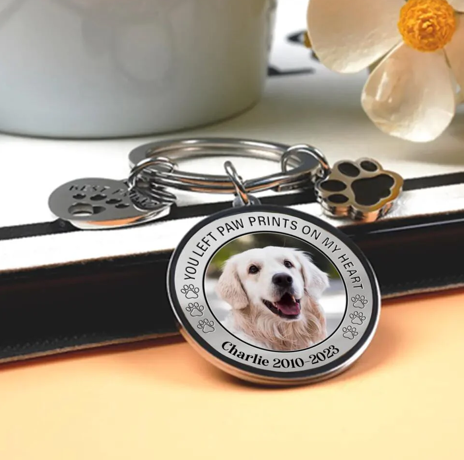 Custom Personalized Photo Keychain Pet Charm Key Ornaments - Memorial Gift for Dog/Cat Lovers - You left paw prints on my heart - FaceSocksUSA