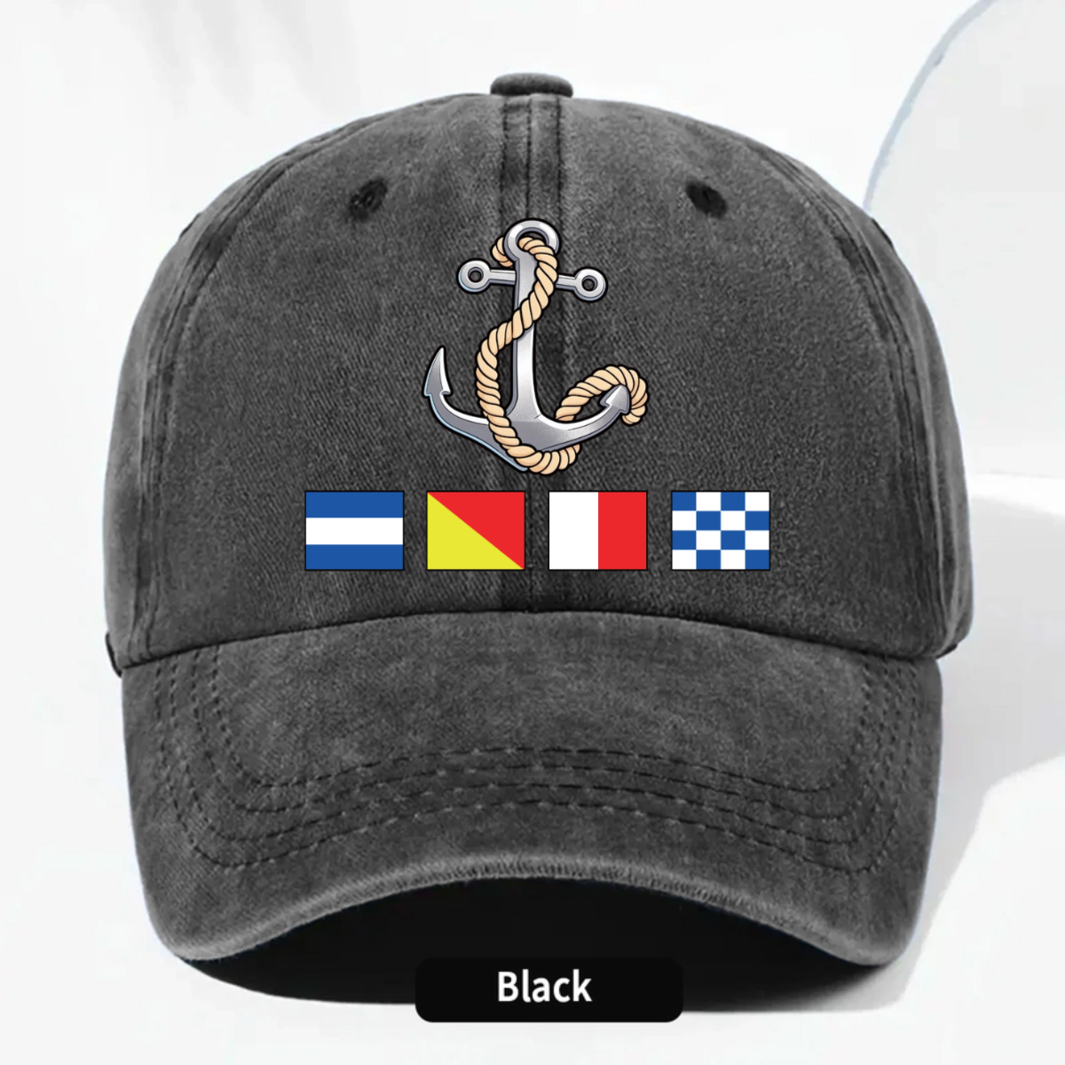 Baseballkappe Aus Gewaschenem Denim Mit Bootsanker Und Nautischen Flaggen – Einzigartiges Geschenk Im Küstenstil Für Segler Und Bootsliebhaber - MyFaceBoxerDE