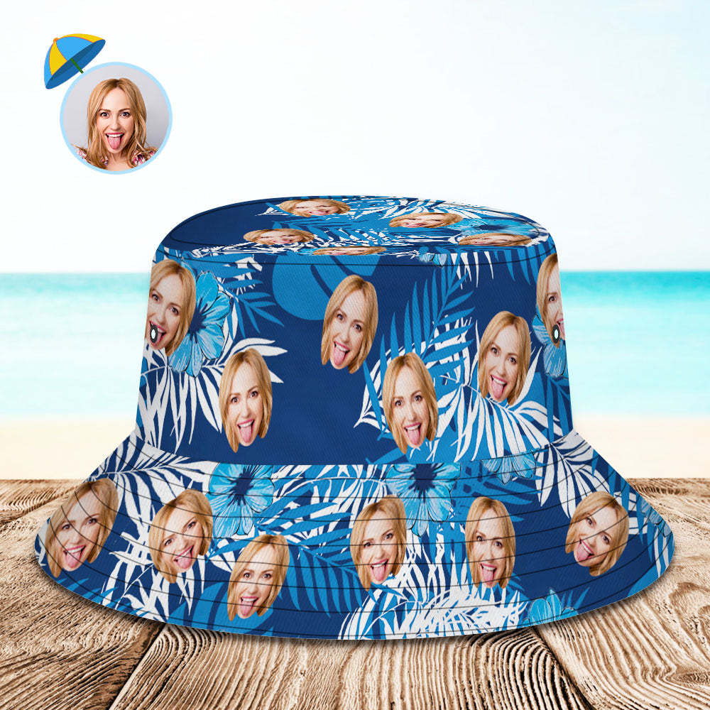 Custom Bucket Hat Personalized Face All Over Print Tropical Flower Print Hawaiian Fisherman Hat - Blue Leaves