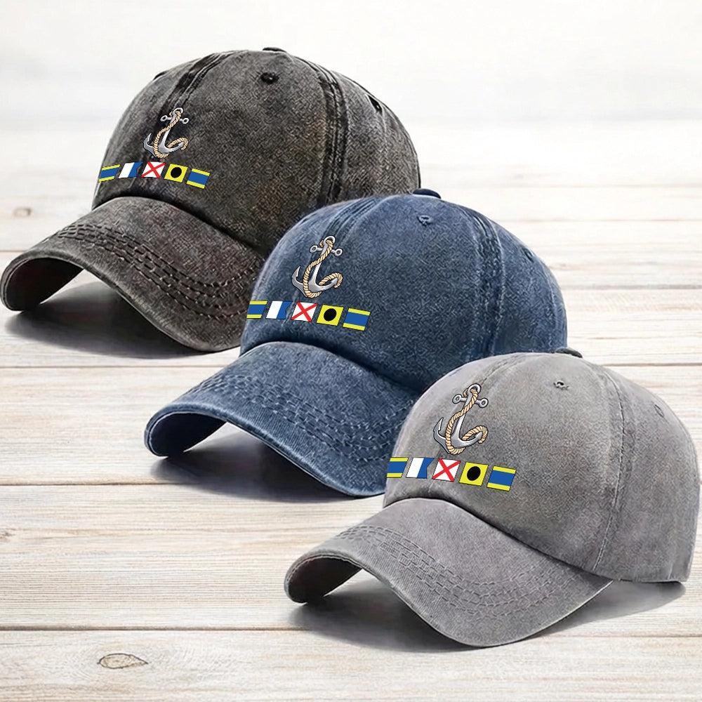 Baseballkappe Aus Gewaschenem Denim Mit Bootsanker Und Nautischen Flaggen – Einzigartiges Geschenk Im Küstenstil Für Segler Und Bootsliebhaber - MyFaceBoxerDE