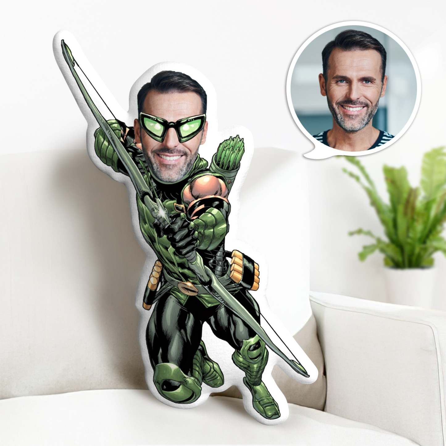 Kundenspezifisches Grünes Pfeil-puppen-kundenspezifisches Gesichts-kissen-personalisiertes Foto-kissen-superheld-geschenke - MyFaceBoxerDE