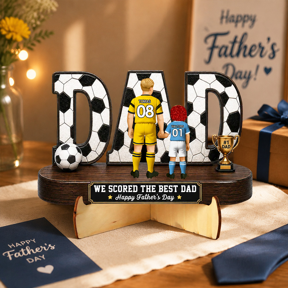 Soccer Dad Legend We Scored The Best Dad Rückansicht – Personalisiertes 2D-gedrucktes Holzschild Im 3D-Look – Vatertagsgeschenk Für Papa, Ehemann, Fußballliebhaber - MyFaceBoxerDE