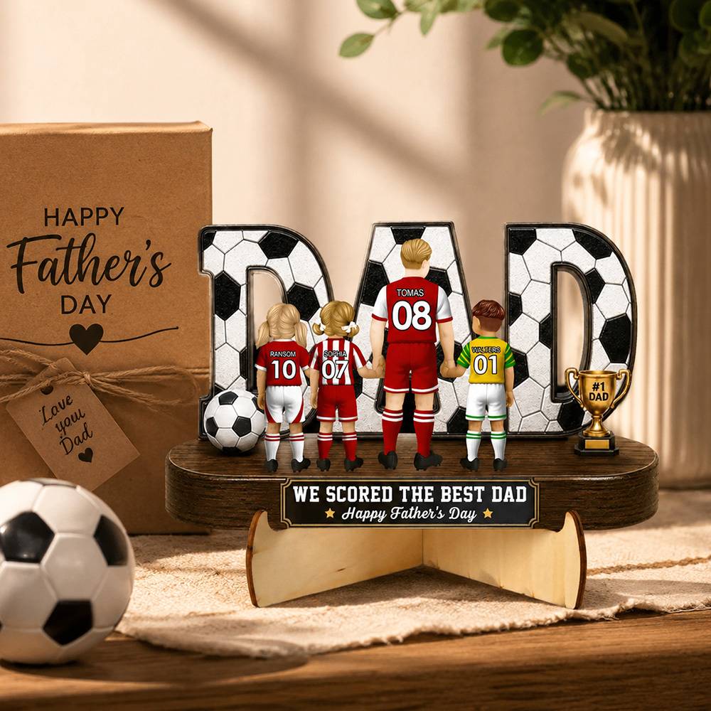 Soccer Dad Legend We Scored The Best Dad Rückansicht – Personalisiertes 2D-gedrucktes Holzschild Im 3D-Look – Vatertagsgeschenk Für Papa, Ehemann, Fußballliebhaber - MyFaceBoxerDE