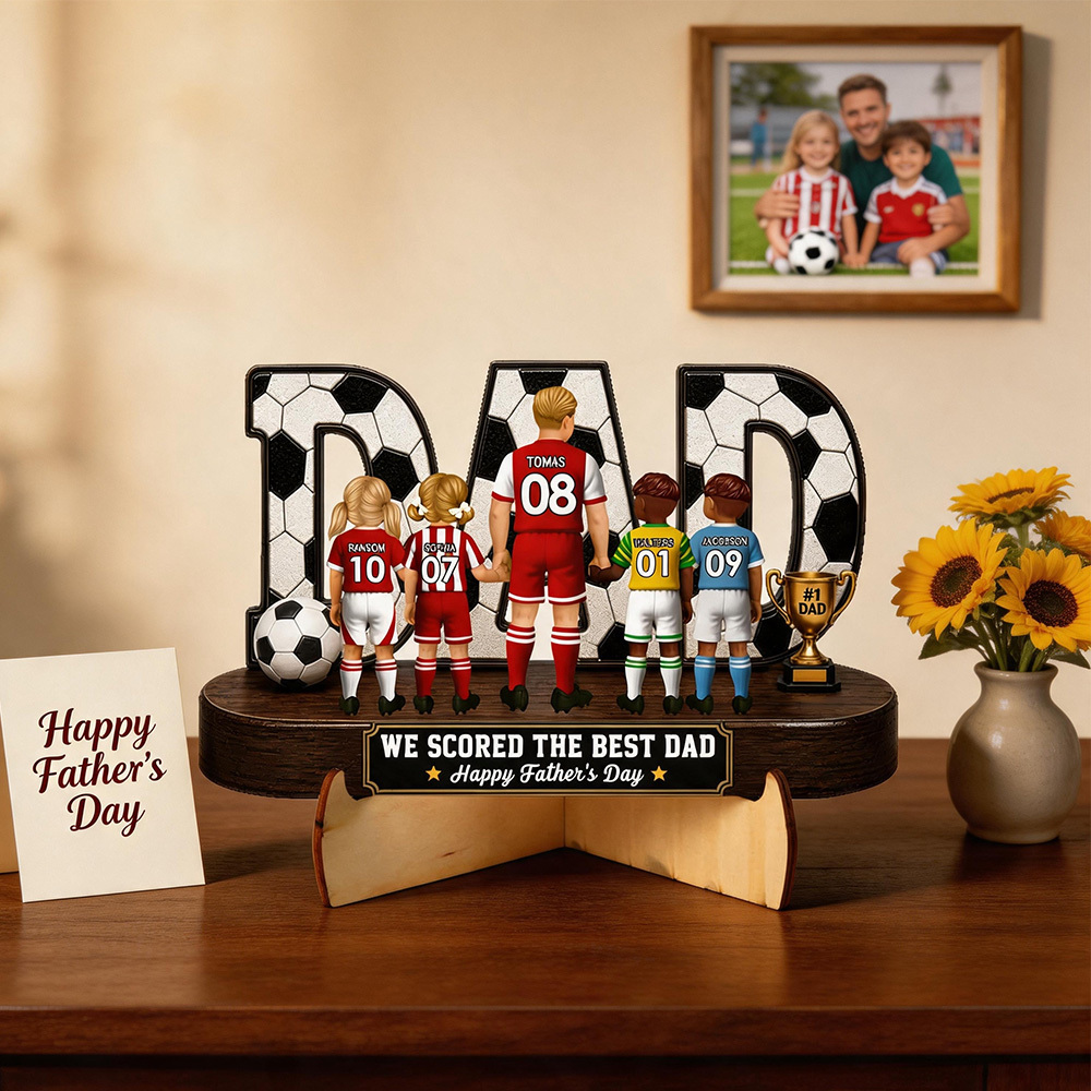 Soccer Dad Legend We Scored The Best Dad Rückansicht – Personalisiertes 2D-gedrucktes Holzschild Im 3D-Look – Vatertagsgeschenk Für Papa, Ehemann, Fußballliebhaber - MyFaceBoxerDE