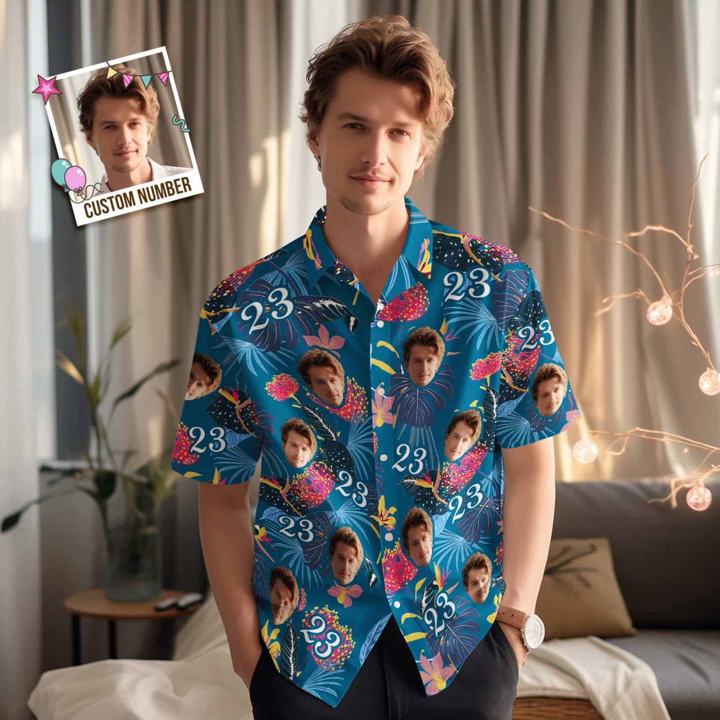 Hawaiihemd Mit Individuellem Gesicht. Hawaiihemd Mit Nummer Und Gesicht, Dunkelblauen Ärmeln Und Rosa Blumen - MyFaceBoxerDE