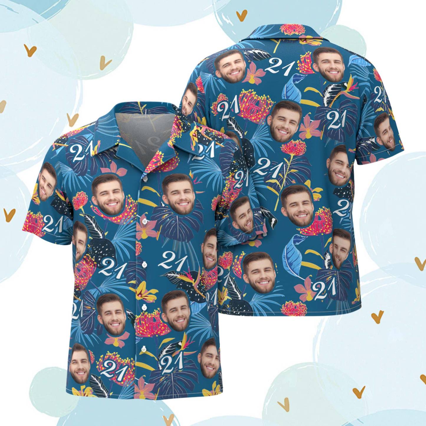 Hawaiihemd Mit Individuellem Gesicht. Hawaiihemd Mit Nummer Und Gesicht, Dunkelblauen Ärmeln Und Rosa Blumen - MyFaceBoxerDE
