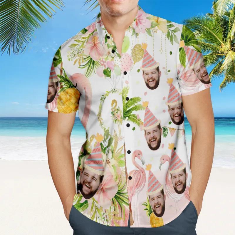 Kundenspezifisches Flamingo-geburtstagsfeier-hawaiianer-hemd Personalisiertes Gesichts-hemd