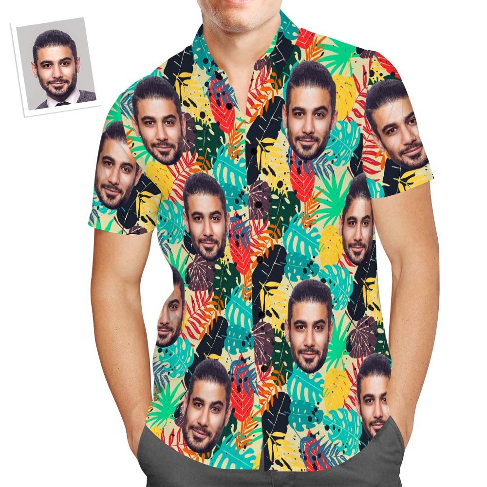Benutzerdefiniertes Gesicht Herren-allover-print-aloha-hawaiihemd Mit Bunten Blättern - MyFaceBoxerDE