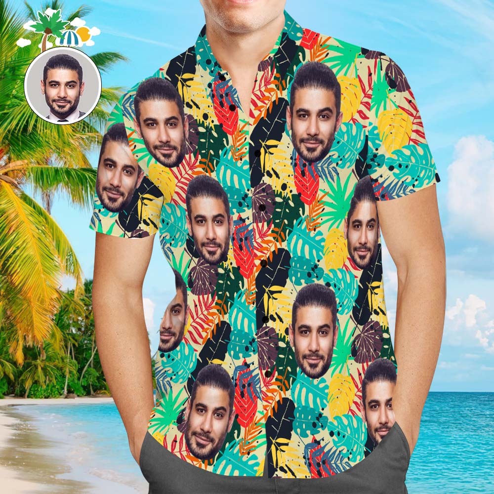 Benutzerdefiniertes Gesicht Herren-allover-print-aloha-hawaiihemd Mit Bunten Blättern - MyFaceBoxerDE