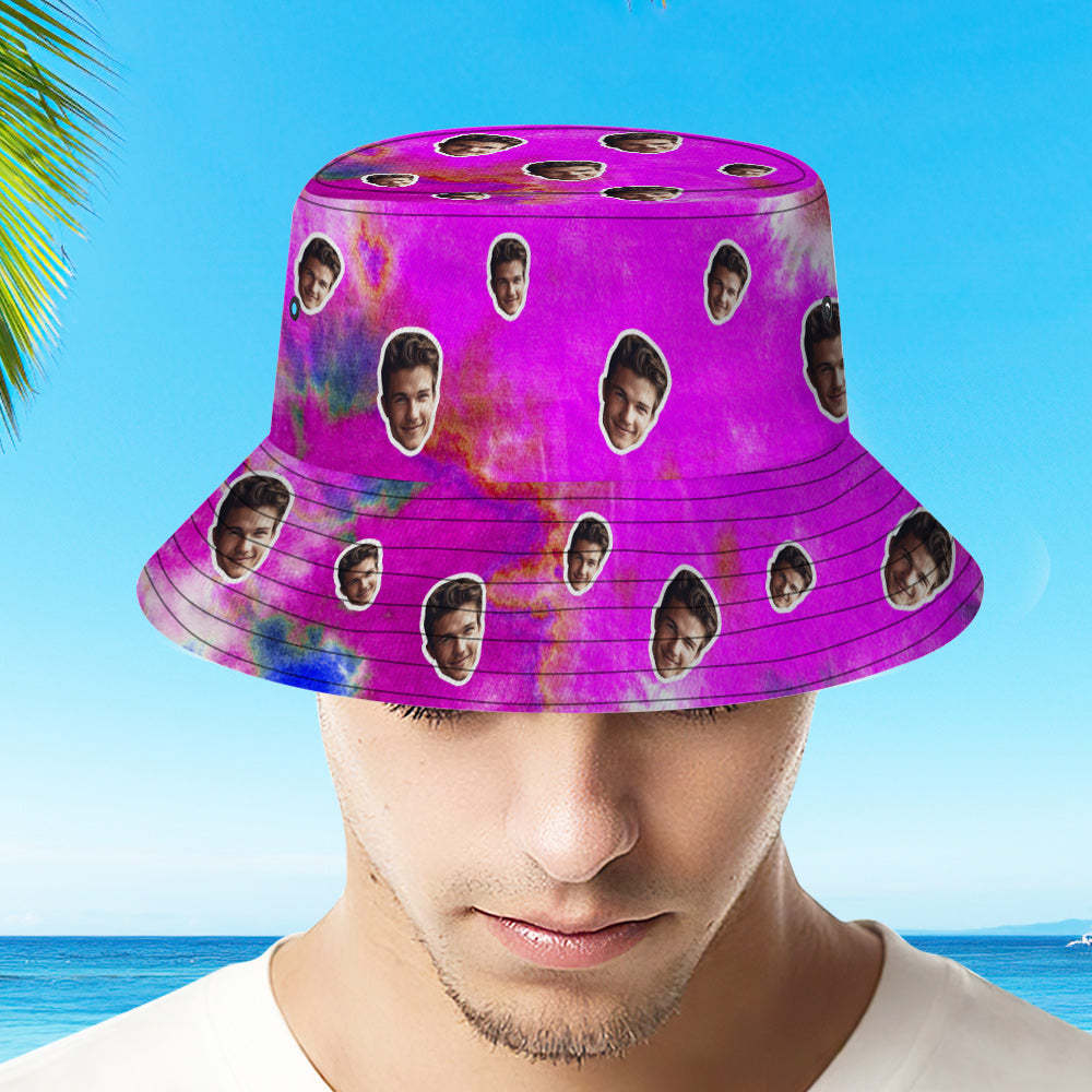 Benutzerdefinierte Bucket Hat Unisex Gesicht Bucket Hat Personalisierte Breite Krempe Outdoor Sommer Cap Wandern Strand Sport Hüte Tie Dye - Violett - MyFaceBoxerDE