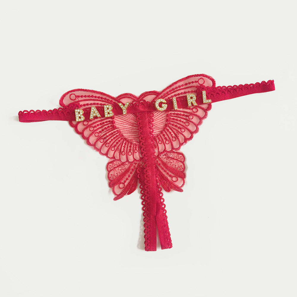 Benutzerdefinierte Spitze Hohl Schmetterling Sexy Low Waist Höschen Mit Schmuck Kristall Buchstabe Name Open Cut Tanga Unterhose Damen Unterwäsche - MyFaceBoxerDE