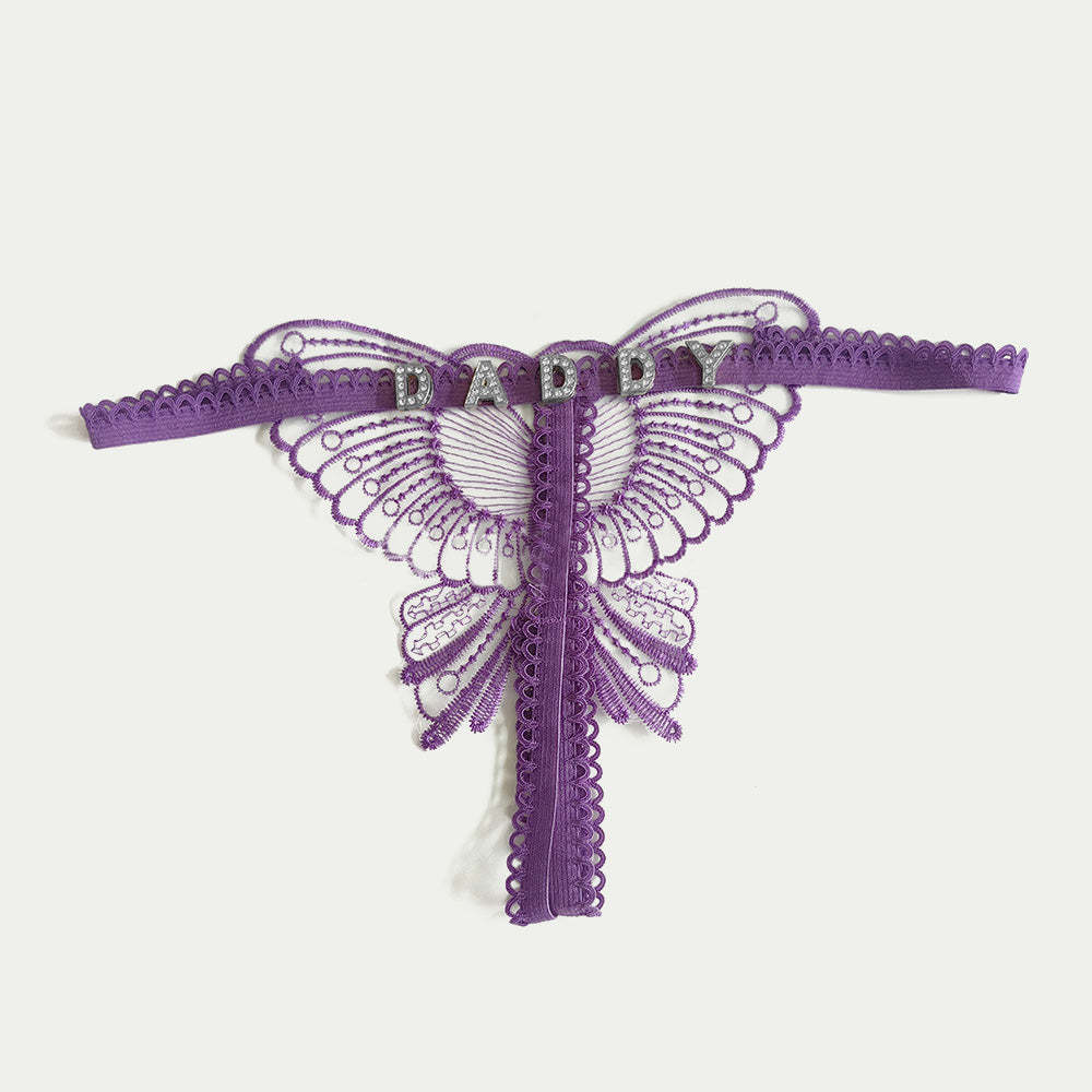 Benutzerdefinierte Spitze Hohl Schmetterling Sexy Low Waist Höschen Mit Schmuck Kristall Buchstabe Name Open Cut Tanga Unterhose Damen Unterwäsche - MyFaceBoxerDE