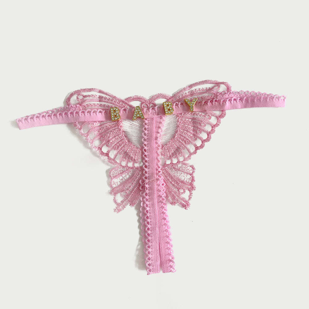 Benutzerdefinierte Spitze Hohl Schmetterling Sexy Low Waist Höschen Mit Schmuck Kristall Buchstabe Name Open Cut Tanga Unterhose Damen Unterwäsche - MyFaceBoxerDE