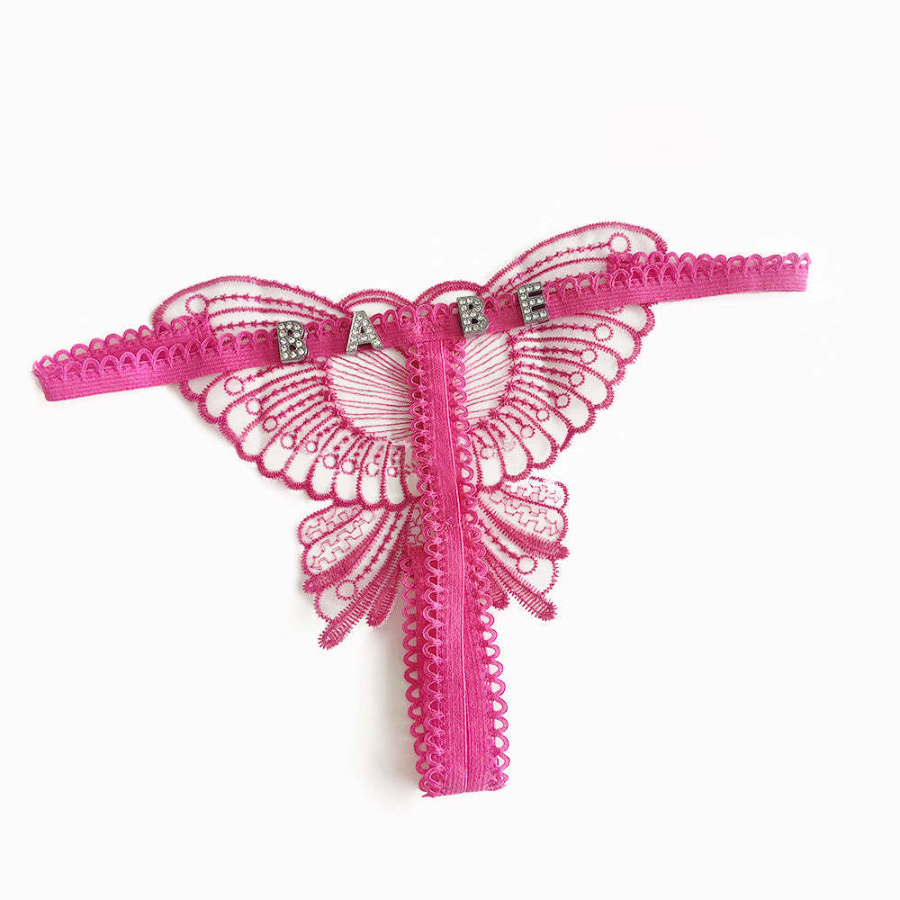 Benutzerdefinierte Spitze Hohl Schmetterling Sexy Low Waist Höschen Mit Schmuck Kristall Buchstabe Name Open Cut Tanga Unterhose Damen Unterwäsche - MyFaceBoxerDE