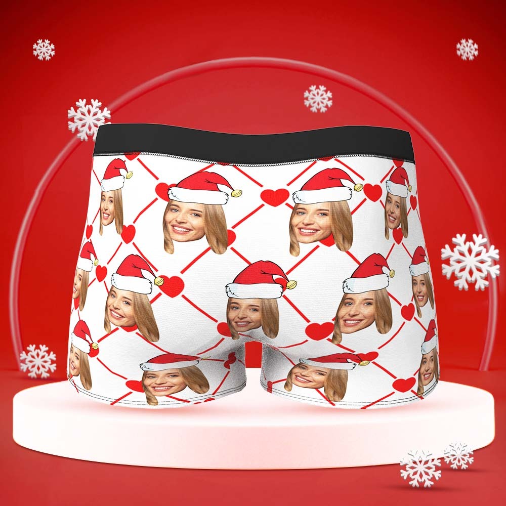 Custom Face Boxer Mit Girlfriend Picture Personalisierte Herrenshorts Mit Weihnachtsmützenmuster - MyFaceBoxerDE