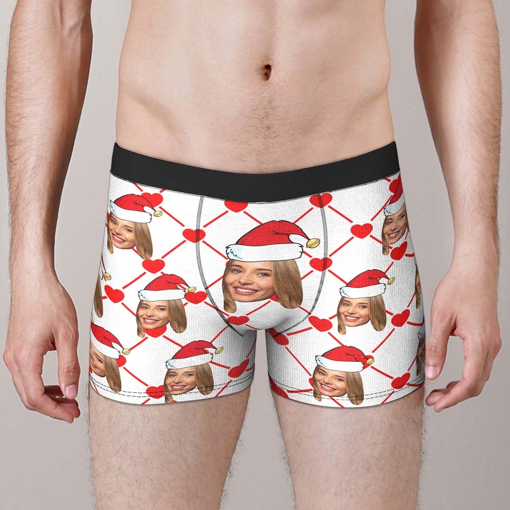 Custom Face Boxer Mit Girlfriend Picture Personalisierte Herrenshorts Mit Weihnachtsmützenmuster - MyFaceBoxerDE