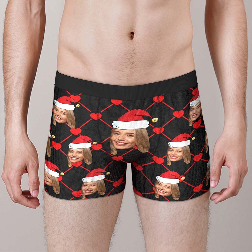 Custom Face Boxer Mit Girlfriend Picture Personalisierte Herrenshorts Mit Weihnachtsmützenmuster - MyFaceBoxerDE